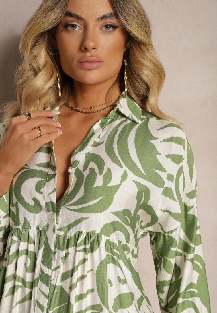 melya by melody Rochie Evazată Verde Tip Cămașă cu Închidere cu Nasturi și Volan Kelloena