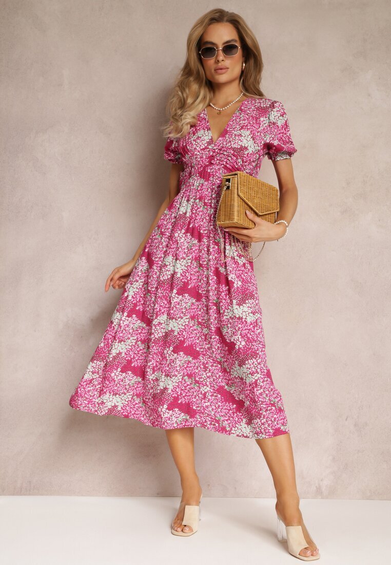 melya by melody Rochie Fucsia din viscoză Midi cu mâneci scurte și decolteu adânc Emsle