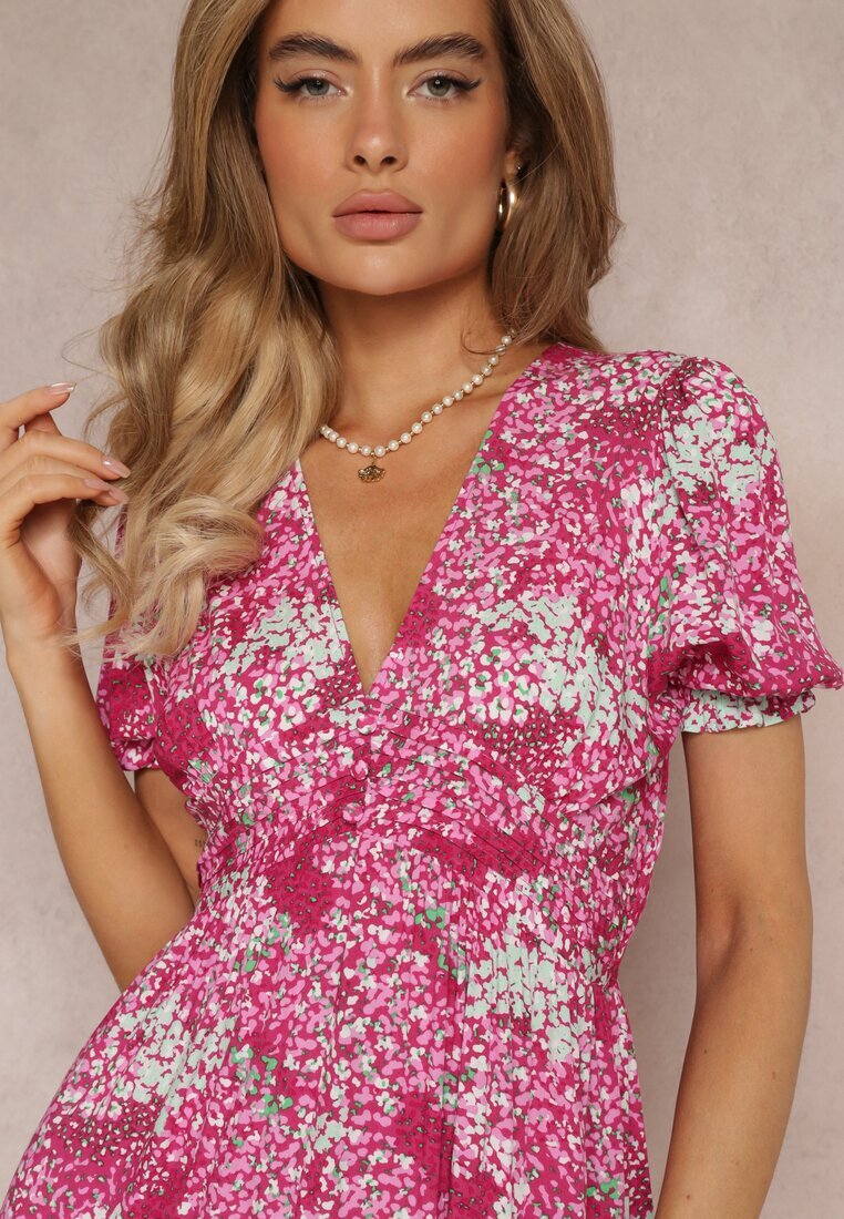 melya by melody Rochie Fucsia din viscoză Midi cu mâneci scurte și decolteu adânc Emsle