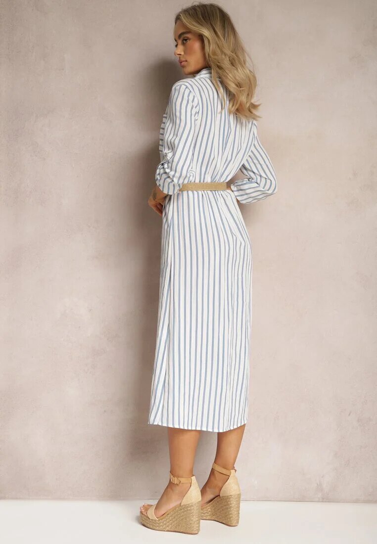 melya by melody Rochie Midi Cămășă Alb-Albastră în dungi cu in și Cordon Împletit Deschis Efordia