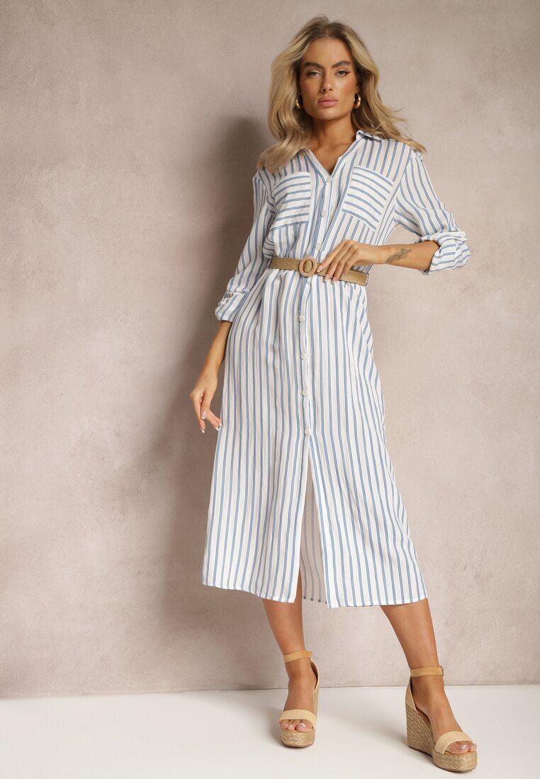 melya by melody Rochie Midi Cămășă Alb-Albastră în dungi cu in și Cordon Împletit Deschis Efordia