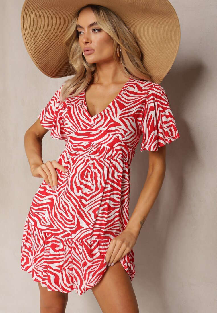 melya by melody Rochie Mini Evazată Roșie din Viscoză Decorată cu Print Hipnotizant Aluraisa