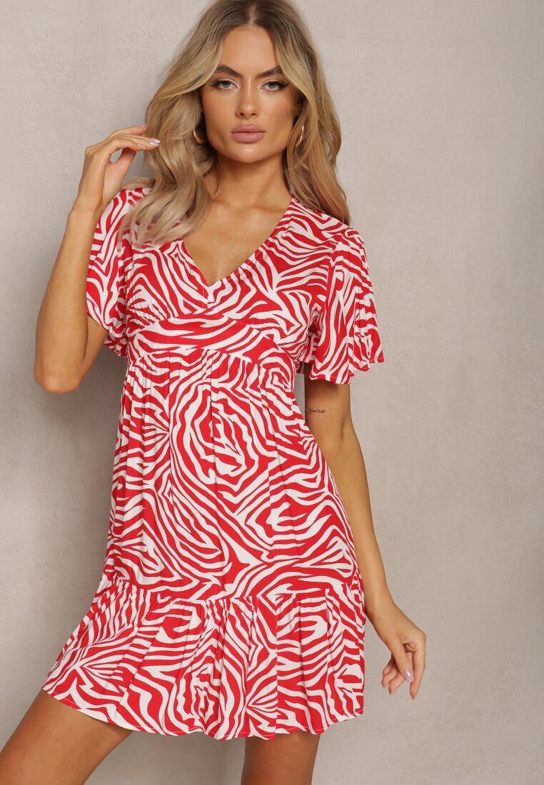 melya by melody Rochie Mini Evazată Roșie din Viscoză Decorată cu Print Hipnotizant Aluraisa