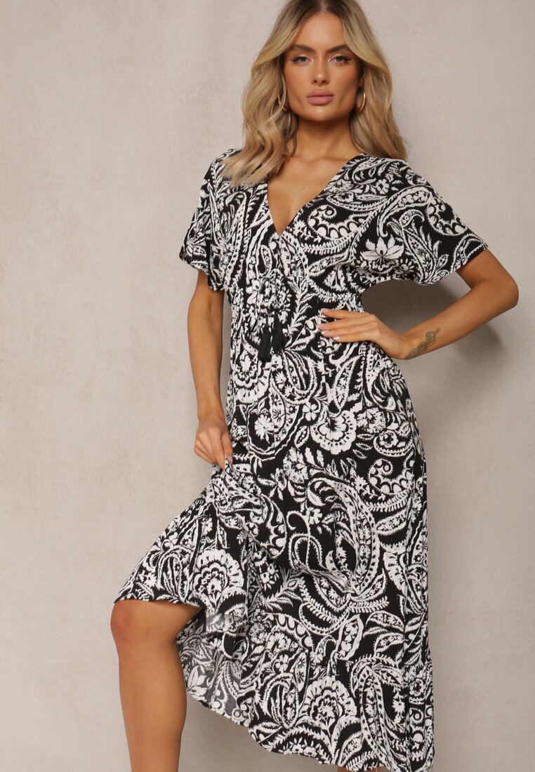 melya by melody Rochie Neagră de vară cu elastic în talie și ciucuri decorativi Aleriana