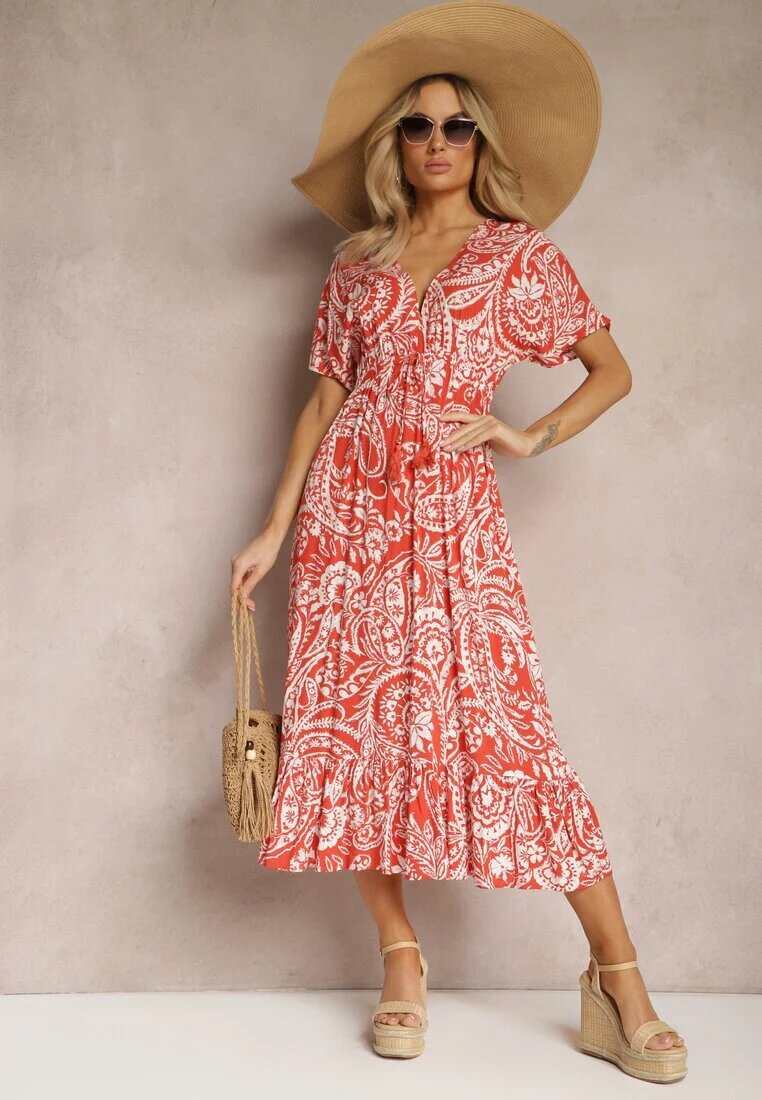 melya by melody Rochie Roșu-Bej de vară cu elastic în talie și cu ciucuri decorativi Aleriana