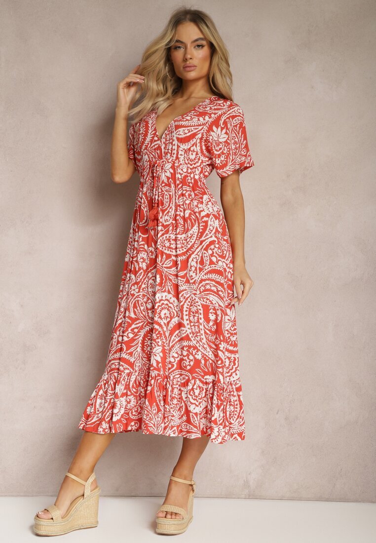 melya by melody Rochie Roșu-Bej de vară cu elastic în talie și cu ciucuri decorativi Aleriana