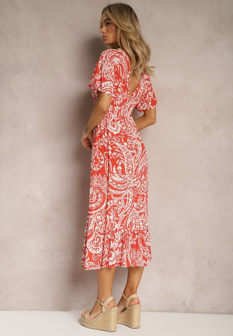 melya by melody Rochie Roșu-Bej de vară cu elastic în talie și cu ciucuri decorativi Aleriana