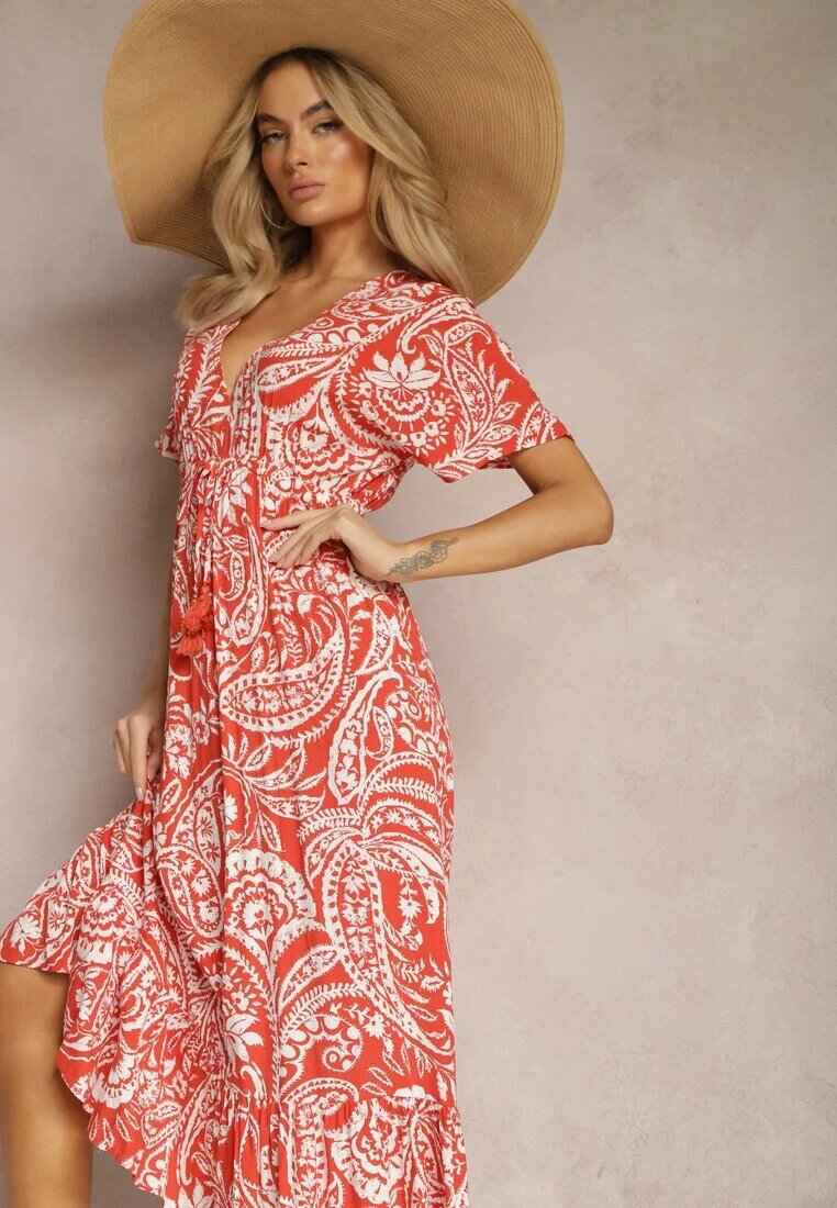 melya by melody Rochie Roșu-Bej de vară cu elastic în talie și cu ciucuri decorativi Aleriana