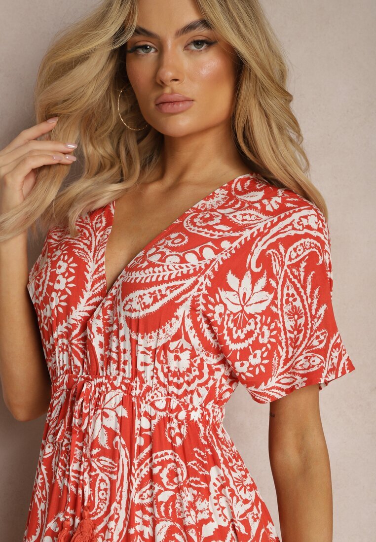 melya by melody Rochie Roșu-Bej de vară cu elastic în talie și cu ciucuri decorativi Aleriana