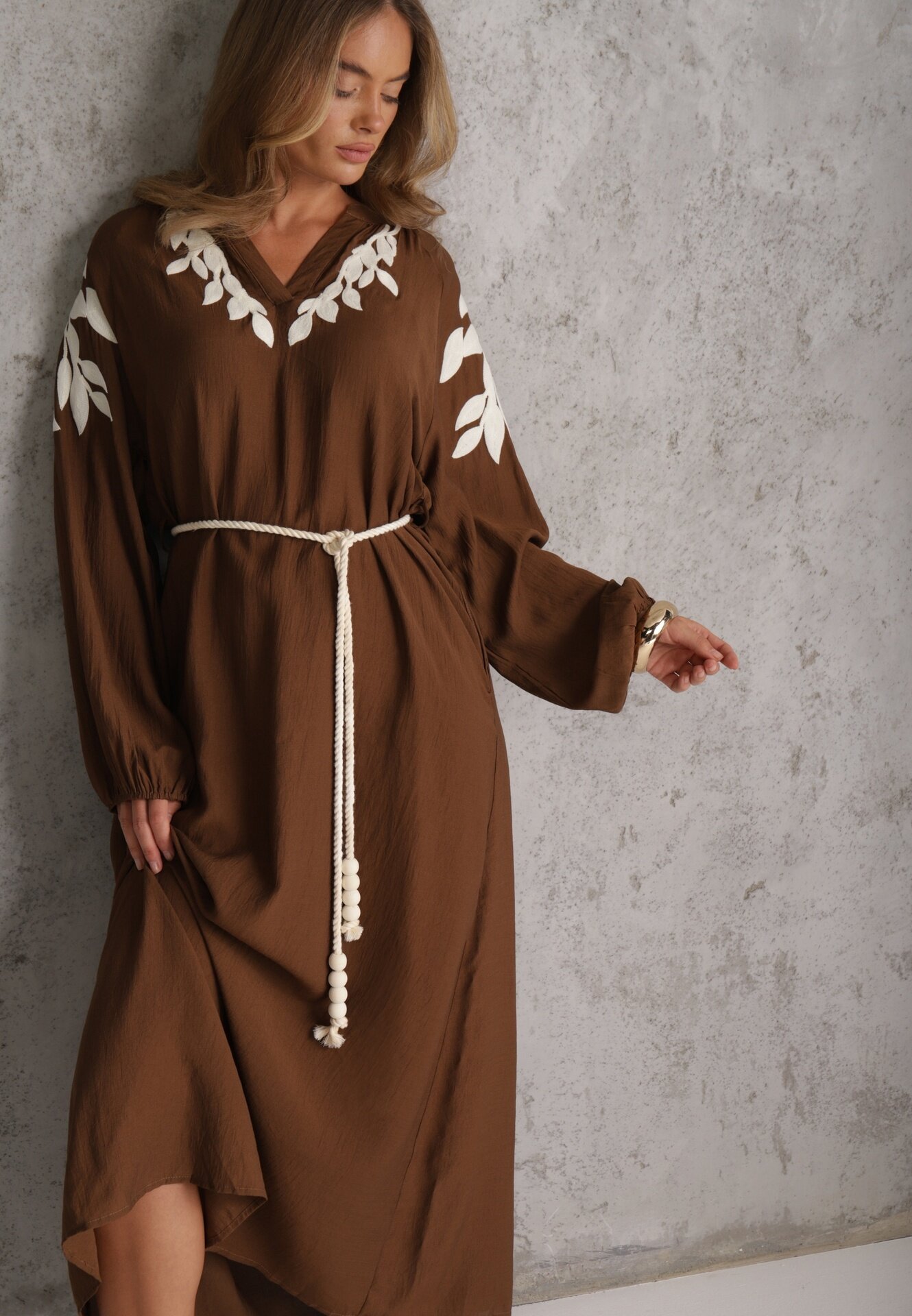 melya by melody Rochie rustică din viscoză decorată cu cordon și broderie Iropis Maro