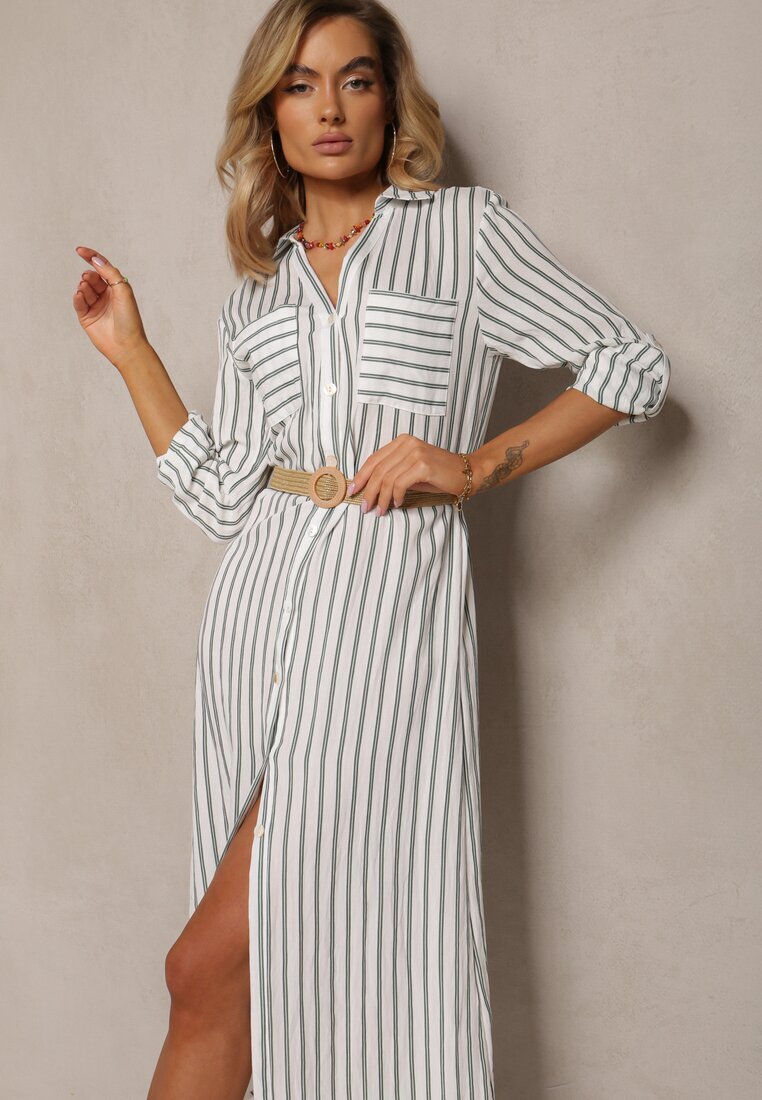 melya by melody Rochie Tip cămașă Alb-Verde Midi cu Dungi cu In și Curea Împletită Efordia
