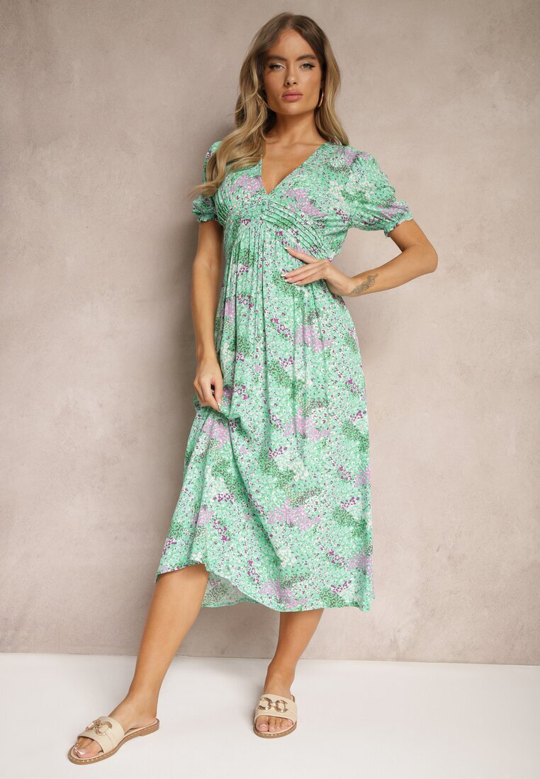 melya by melody Rochie Verde din Vâscoză Midi cu Mâneci Scurte și Decolteu Adânc Emsle