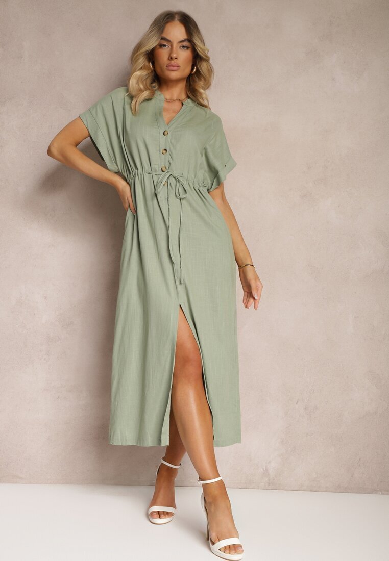 melya by melody Rochie Verde închis din bumbac cu o parte superioară tip cămașă strânsă în talie Viklia