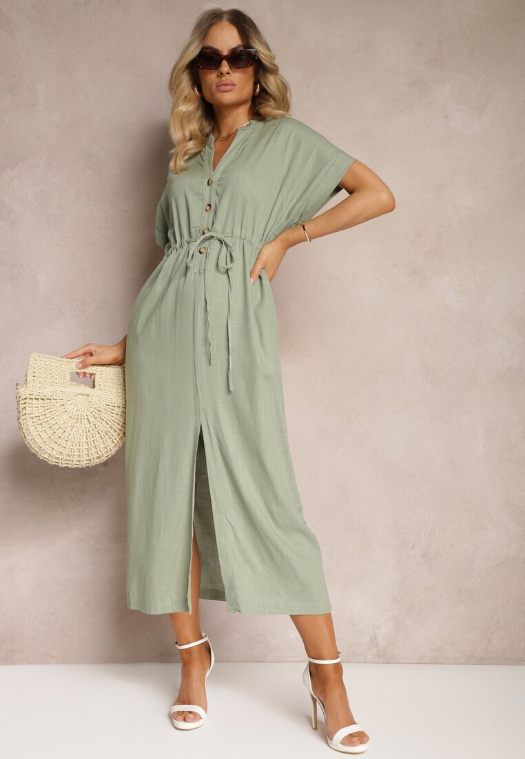 melya by melody Rochie Verde închis din bumbac cu o parte superioară tip cămașă strânsă în talie Viklia