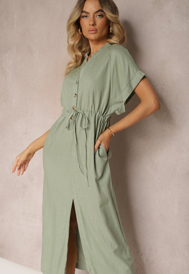 melya by melody Rochie Verde închis din bumbac cu o parte superioară tip cămașă strânsă în talie Viklia