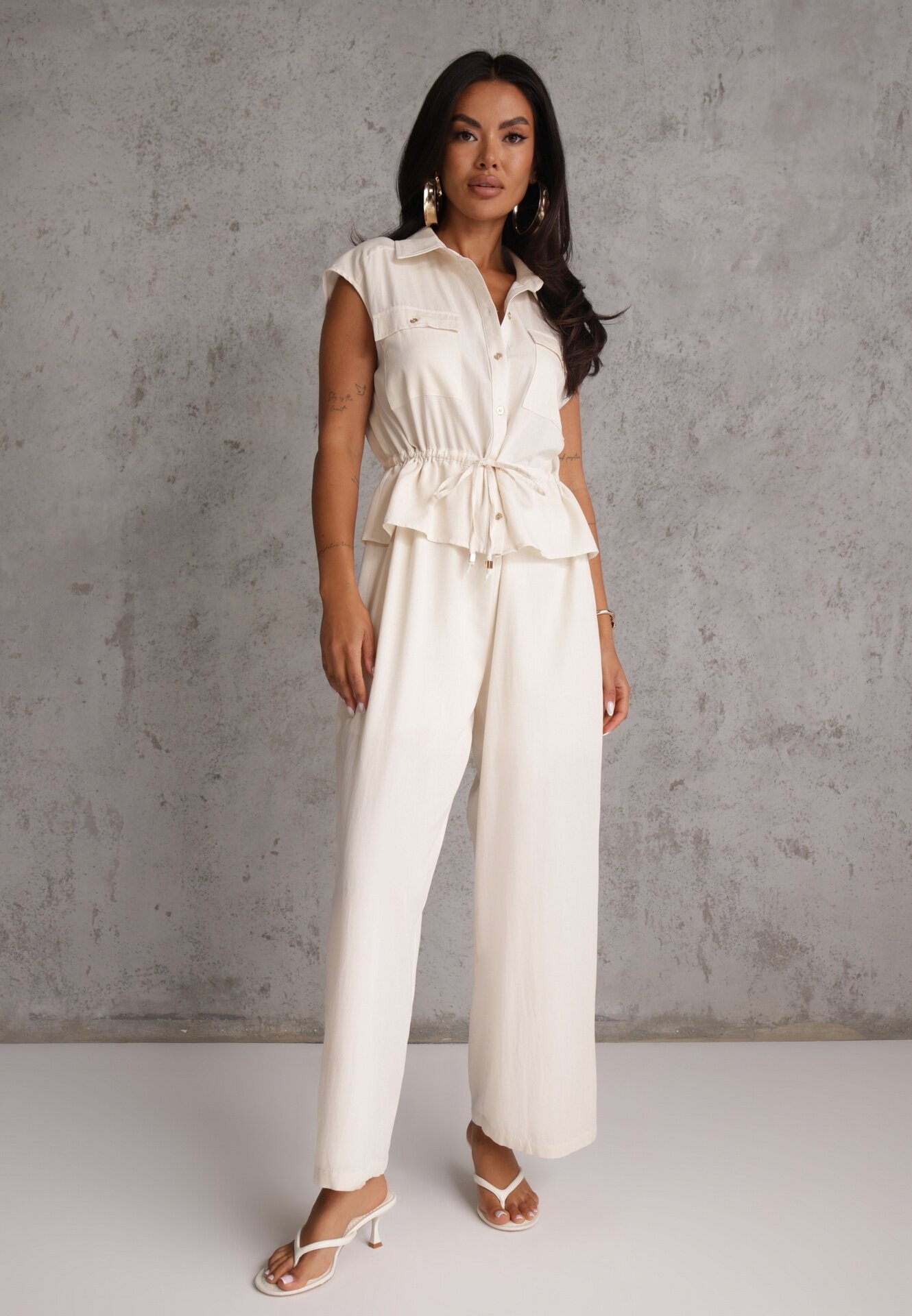 melya by melody Salopetă casual din bumbac și vâscoză cu peplum și guler Eviope Bej
