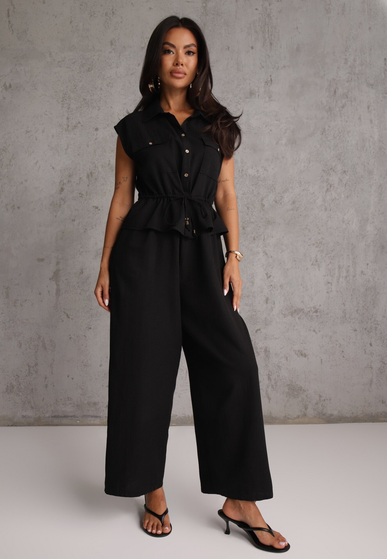 melya by melody Salopetă casual din bumbac și vâscoză cu peplum și guler Eviope Neagră