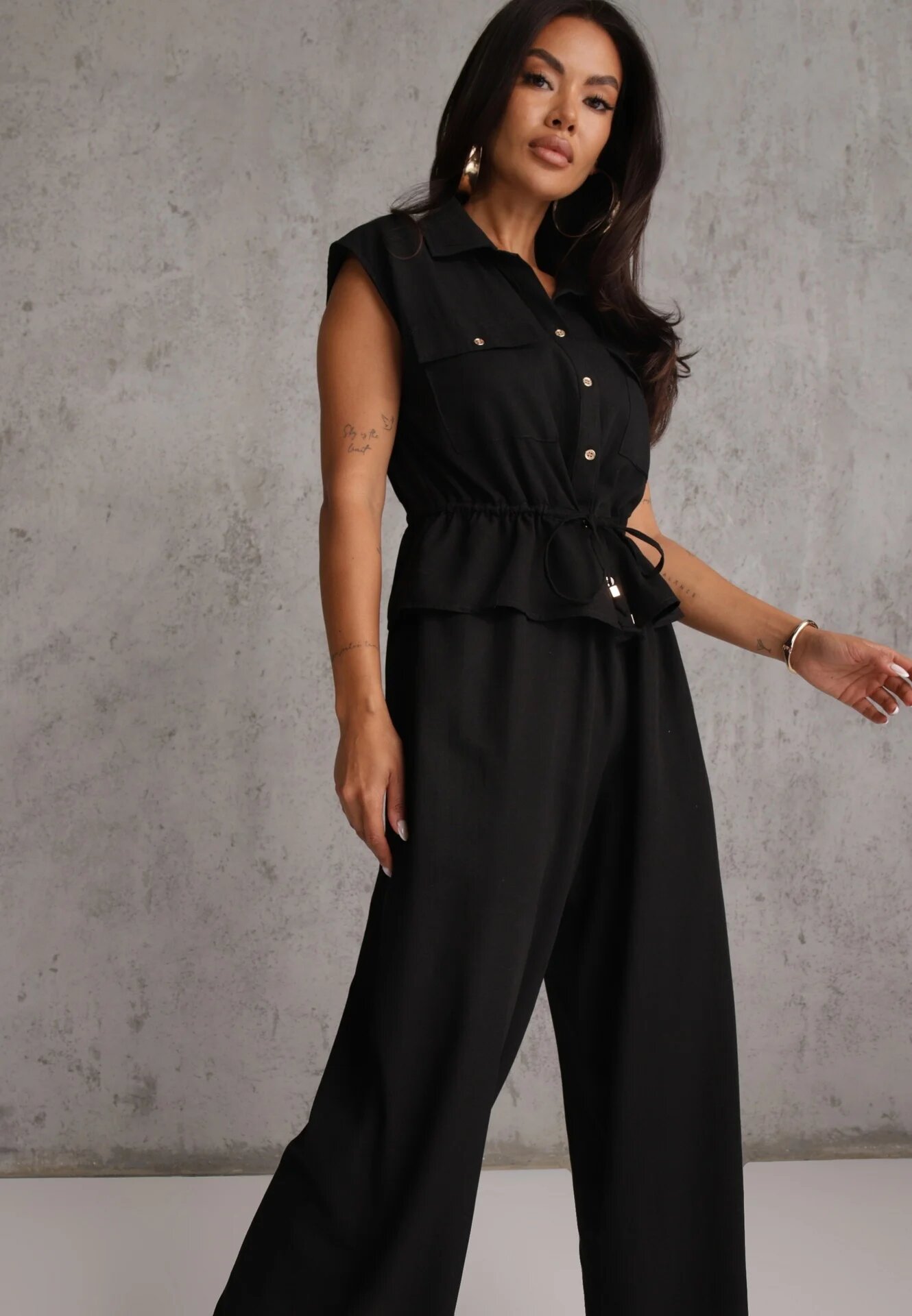 melya by melody Salopetă casual din bumbac și vâscoză cu peplum și guler Eviope Neagră