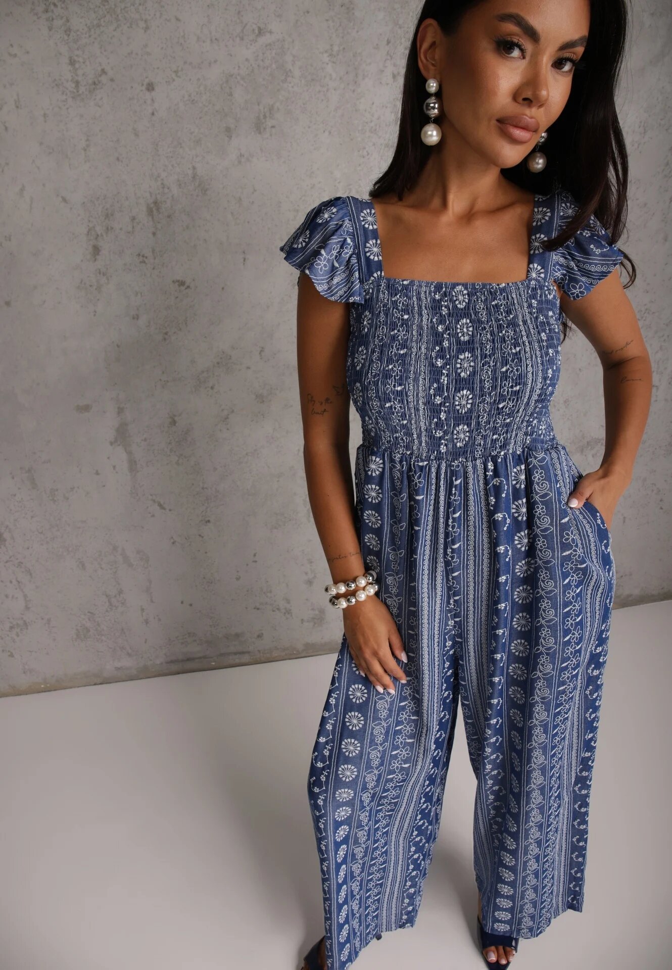 melya by melody Salopetă din viscoză Casual de vară decorată cu broderie și volane Phenonia Albastră