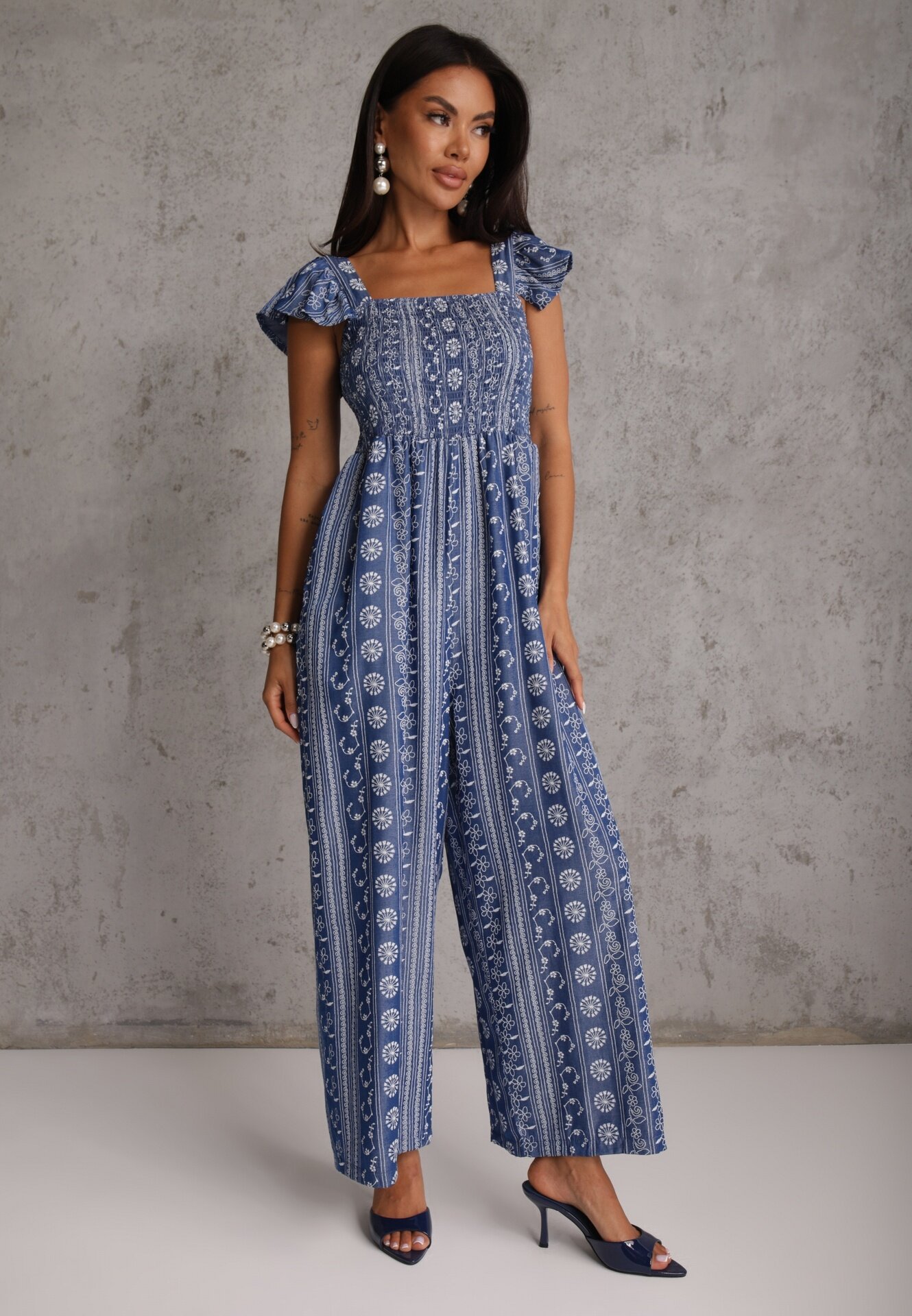 melya by melody Salopetă din viscoză Casual de vară decorată cu broderie și volane Phenonia Albastră