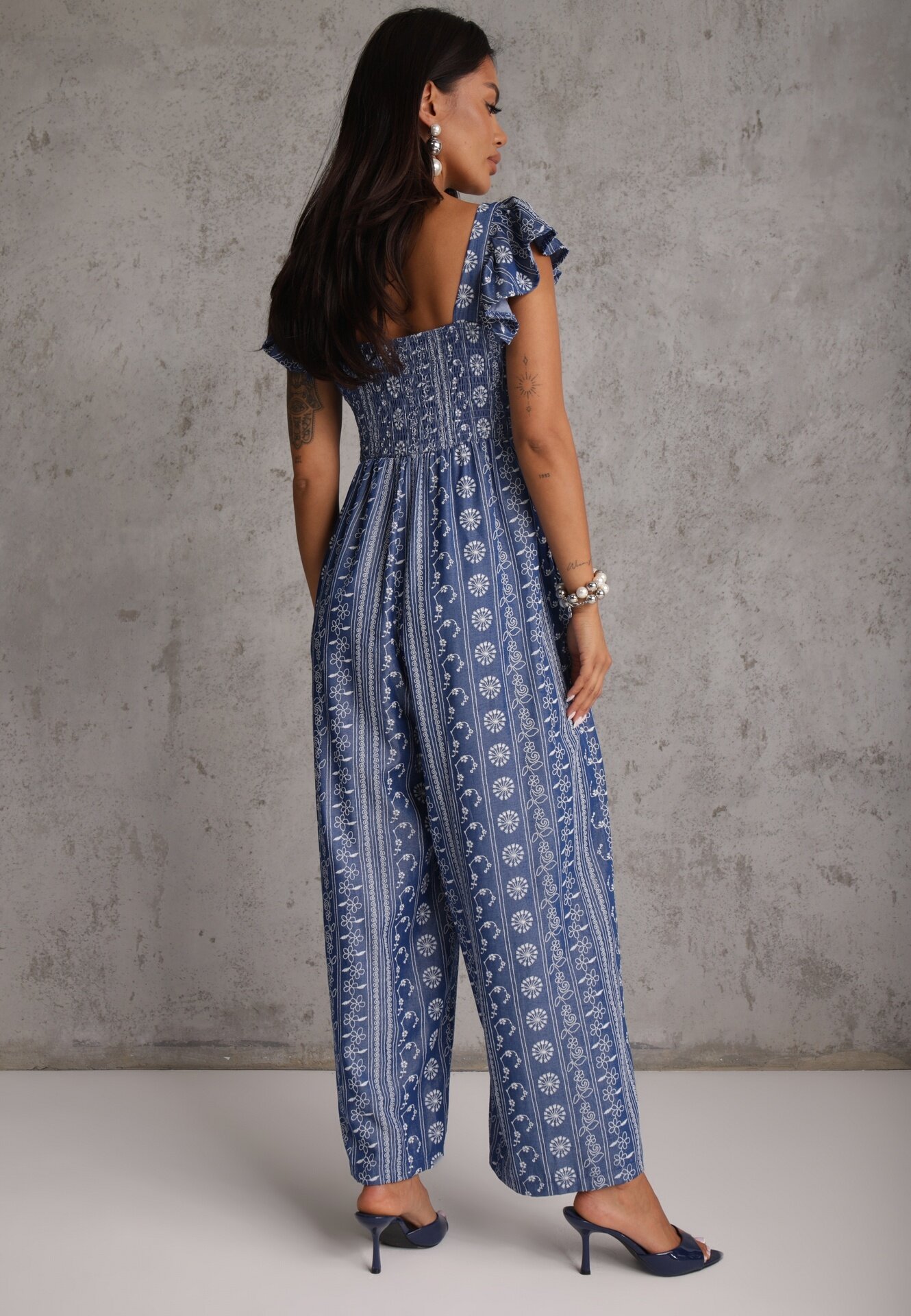 melya by melody Salopetă din viscoză Casual de vară decorată cu broderie și volane Phenonia Albastră