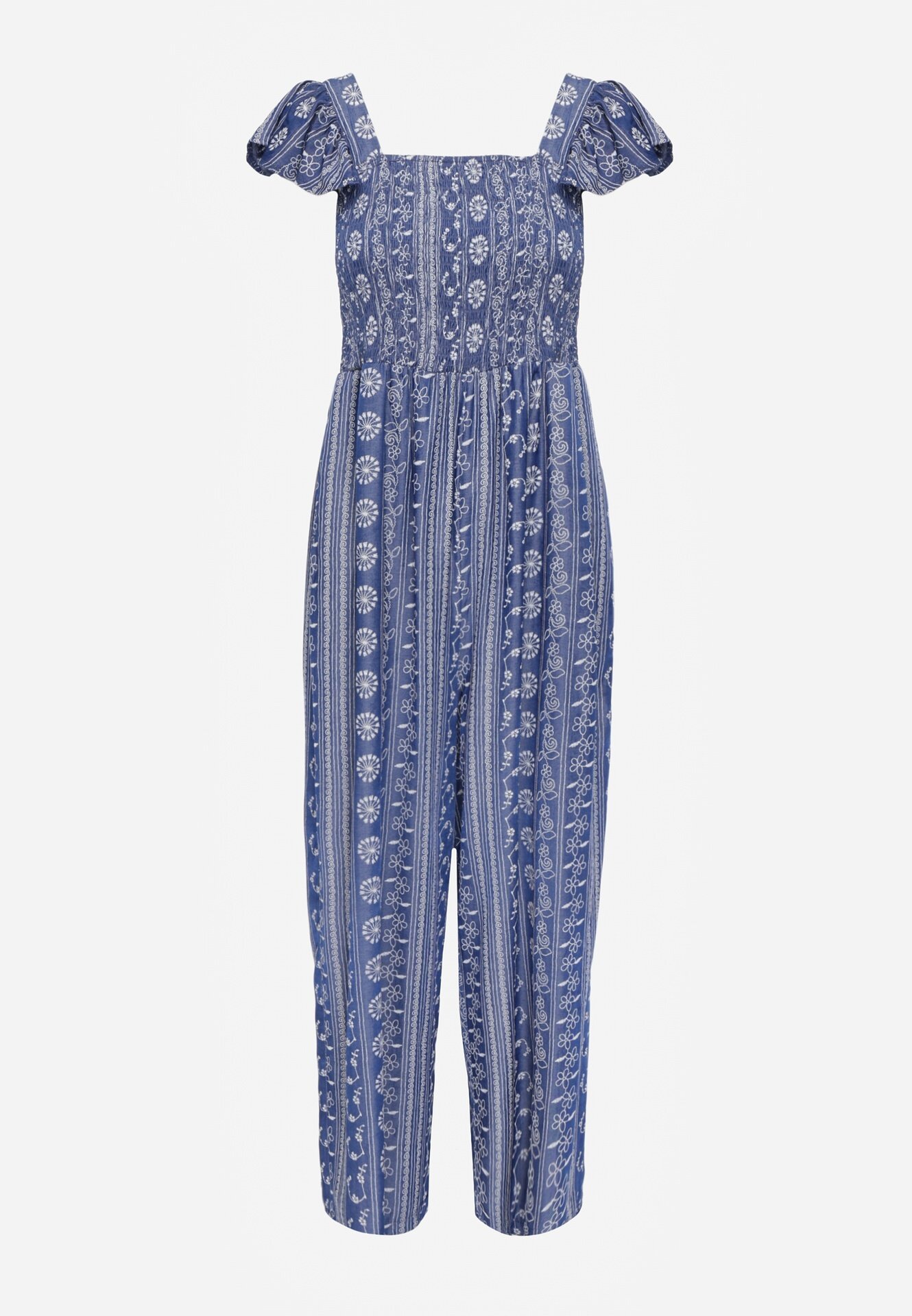melya by melody Salopetă din viscoză Casual de vară decorată cu broderie și volane Phenonia Albastră