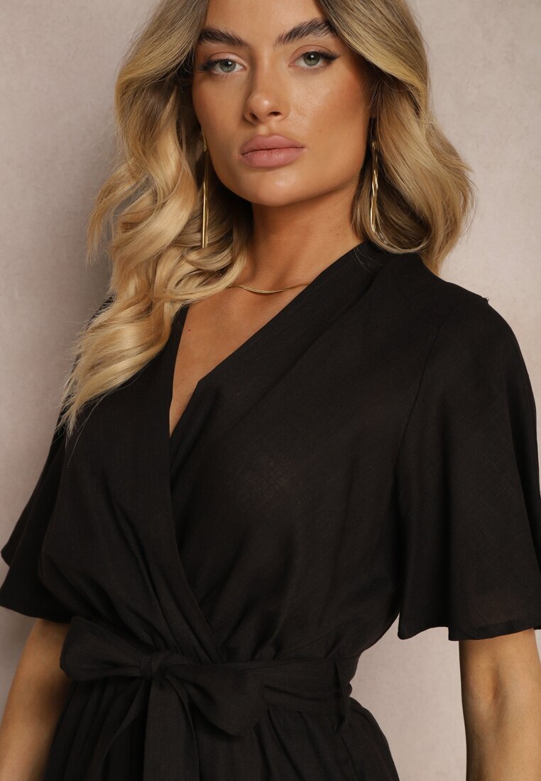 melya by melody Salopetă petrecută Negru din Bumbac Legată în Talie cu Centură din Material Vikly