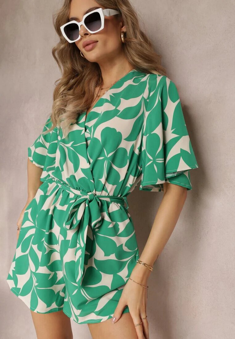 melya by melody Salopetă scurtă verde florală cu decolteu petrecut și cordon legat Amemori