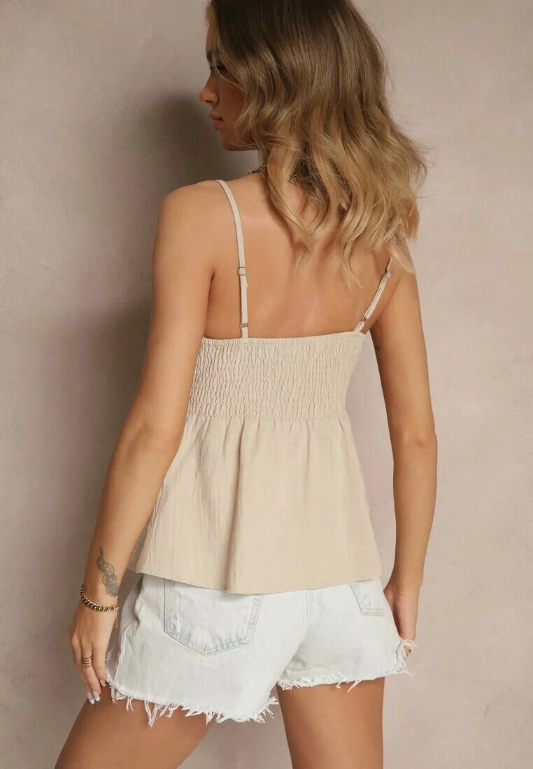 melya by melody Top Bej Din bumbac cu bretele cu broderie decorativă închis cu nasturi Linanira