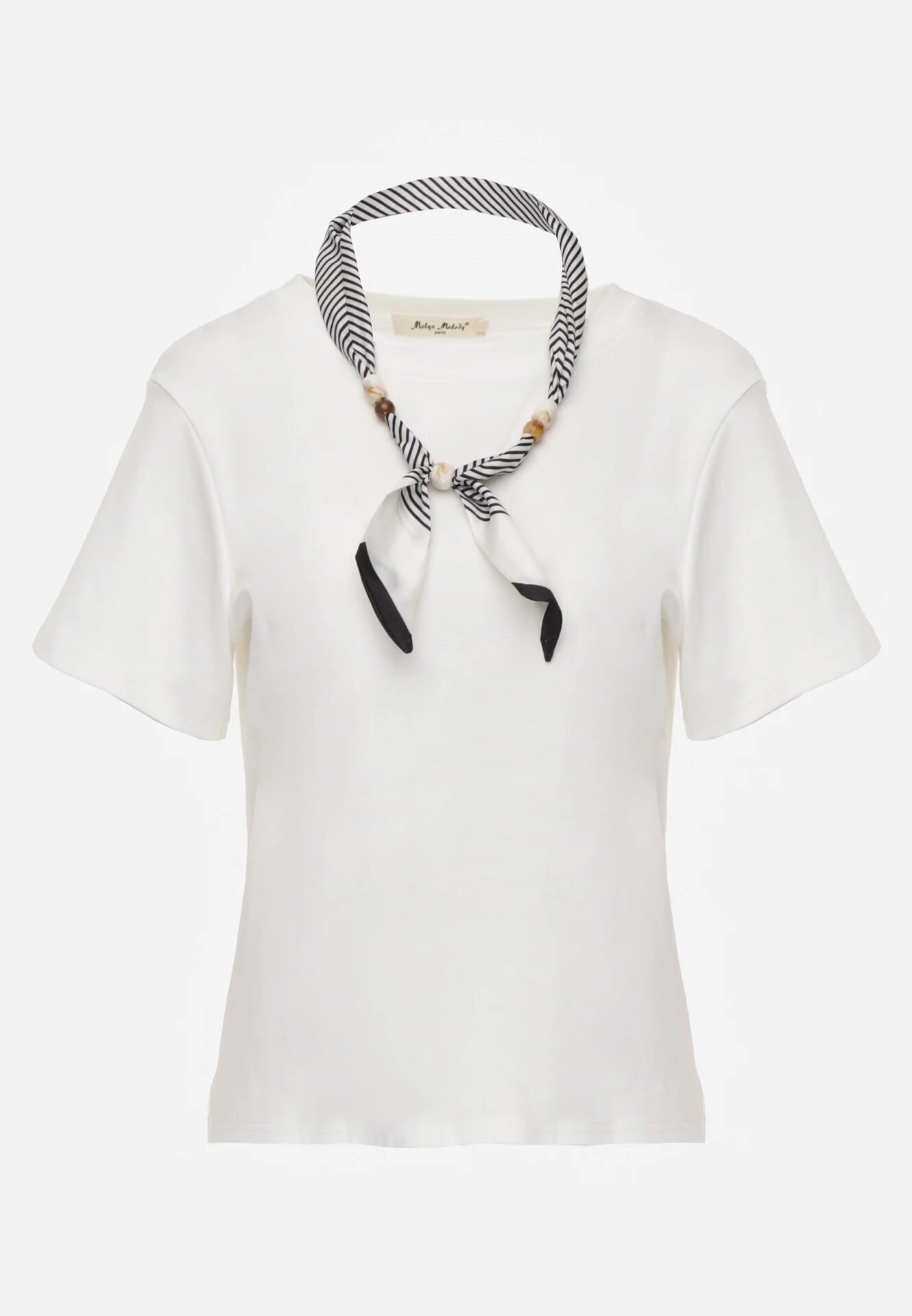 melya by melody Tricou Alb de bumbac Hillswor Decorat cu o eșarfă