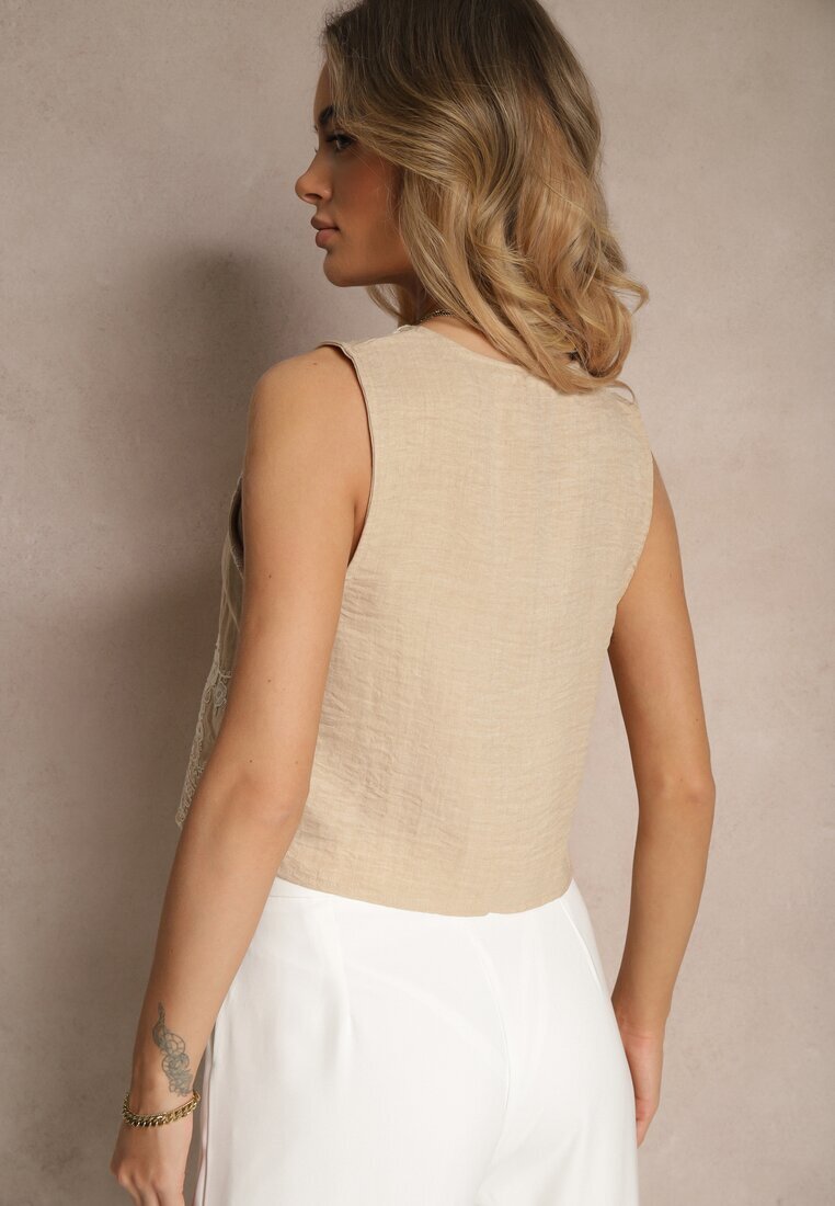 melya by melody Vestă Bej Boho Împodobită cu Broderie și Mărgele la Legătură Ralreia