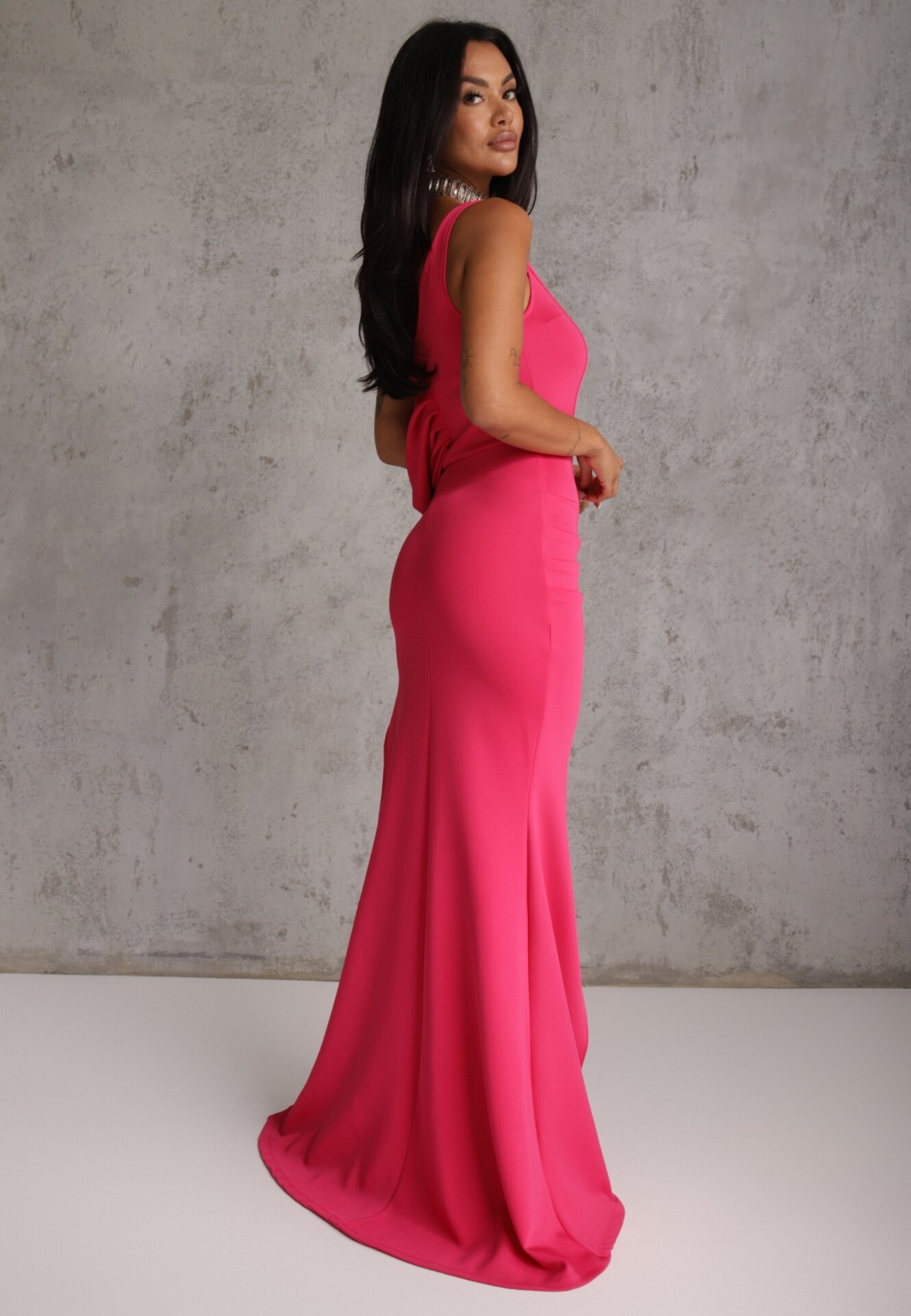 messaya Rochie Asimetrică Fucsia de Cocktail cu Șliț și Drapaje Kremelia
