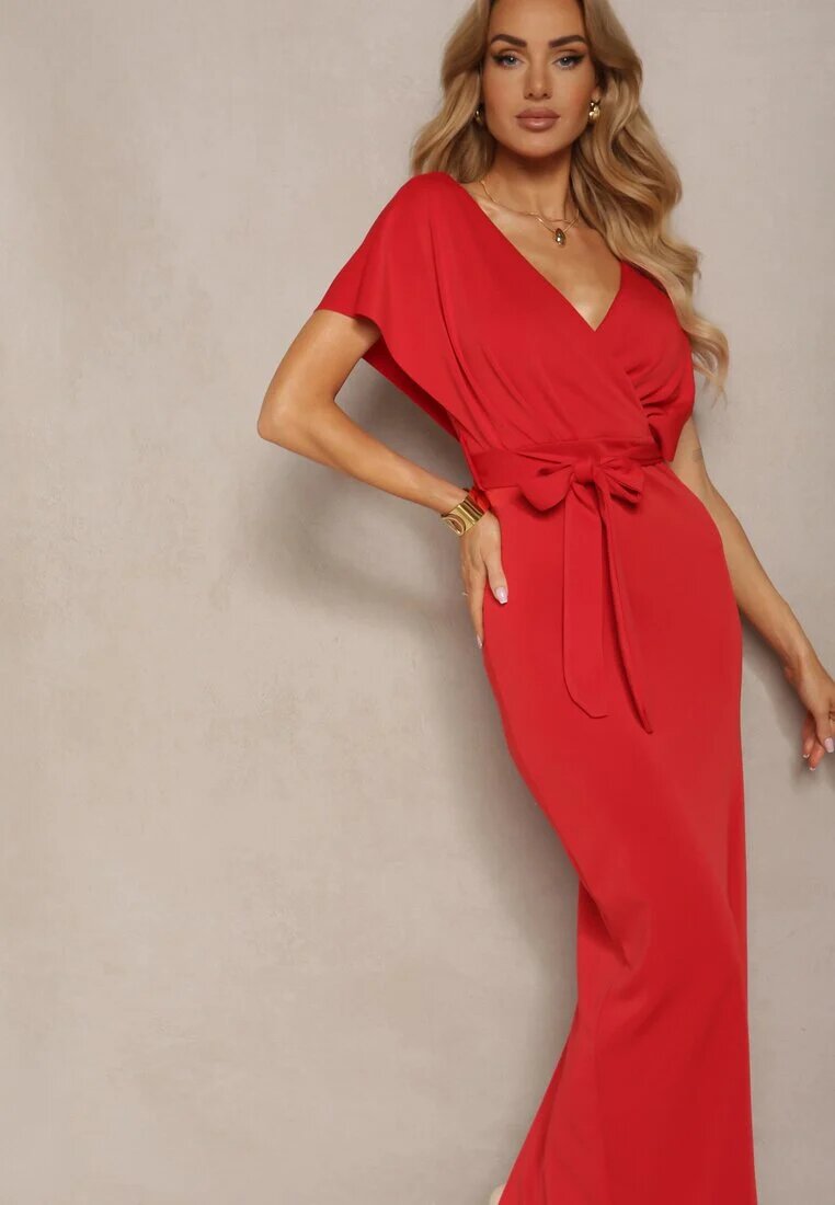 messaya Rochie Cocktail Roșie cu decolteu triunghiular și curea din material cu fentă Wilni
