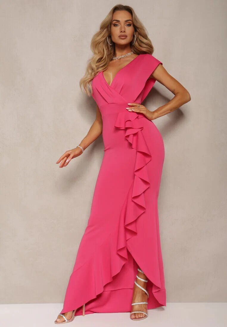 messaya Rochie Eleganta Lunga Fuksja Asimetrica cu Decolteu in V si Volane Efimea