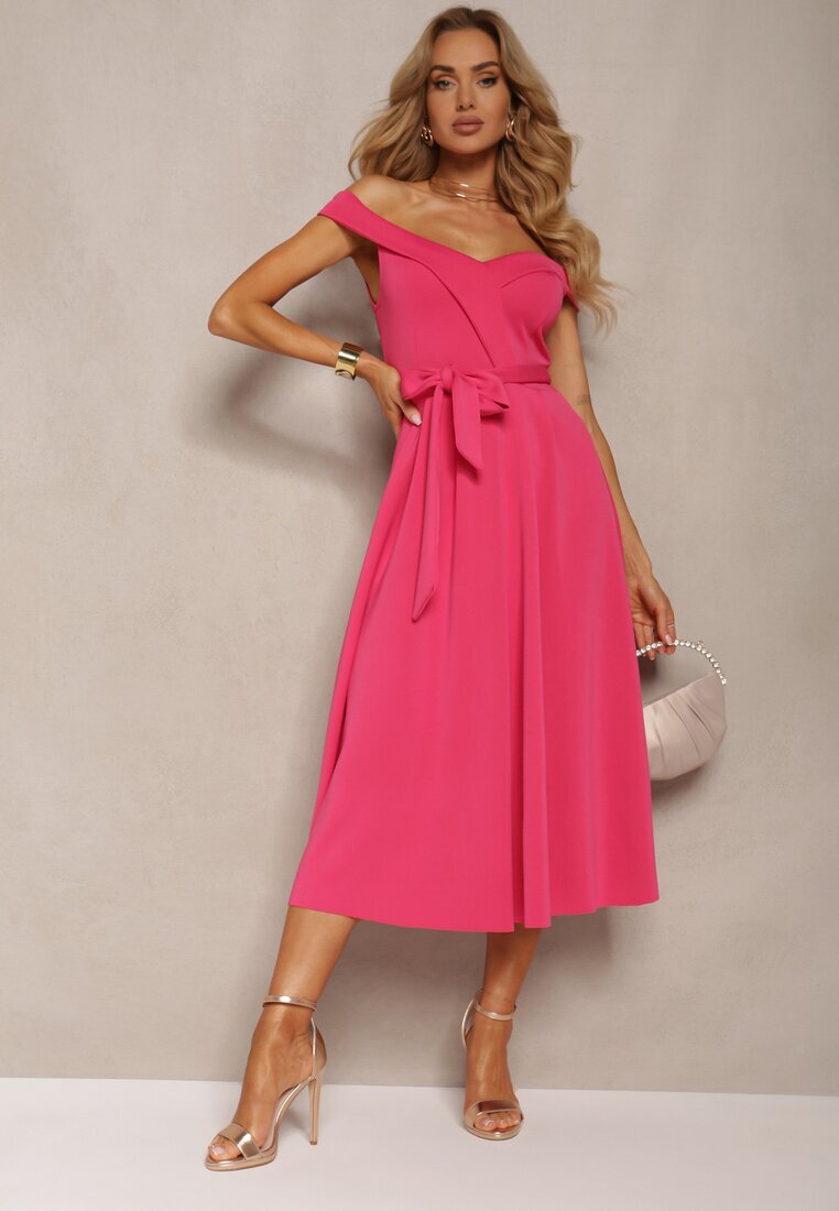 messaya Rochie fuchsia de seară tip spaniolă cu curea din material Yellia