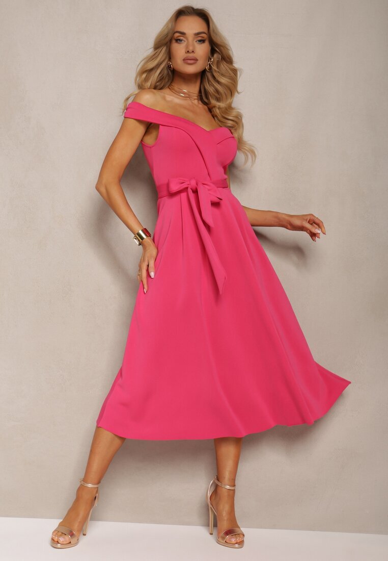 messaya Rochie fuchsia de seară tip spaniolă cu curea din material Yellia