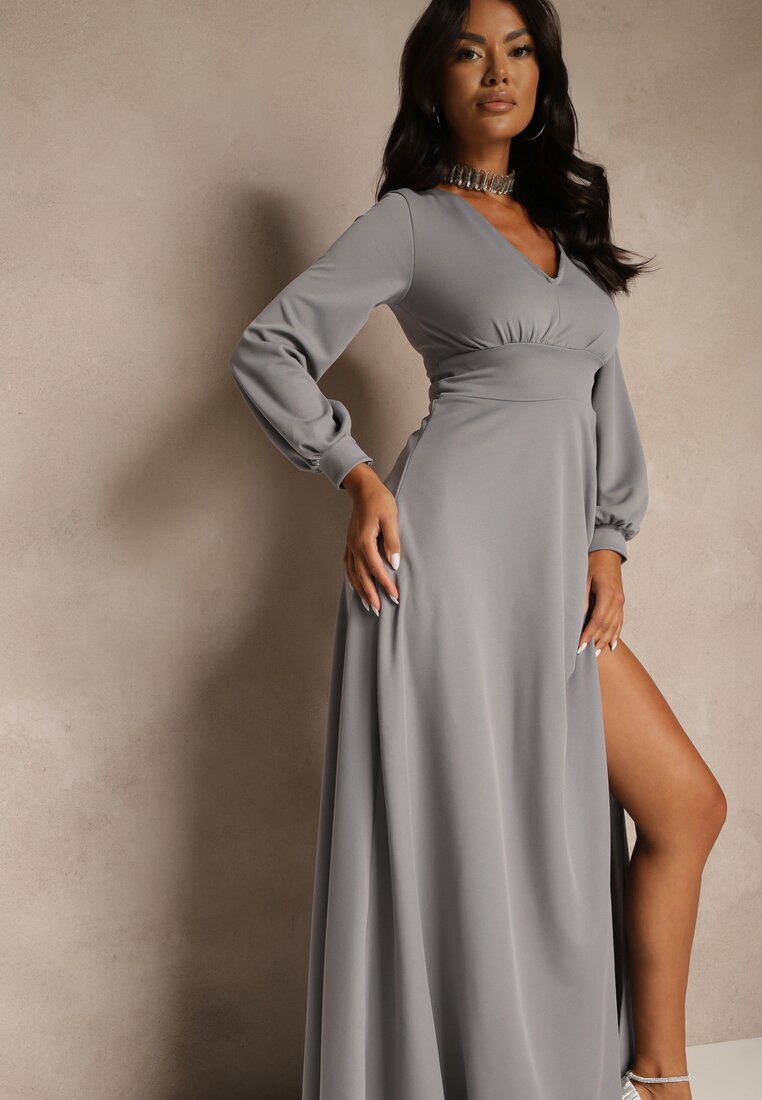 messaya Rochie Gri de Cocktail cu Fentă Decorativă pe Picior Erullia