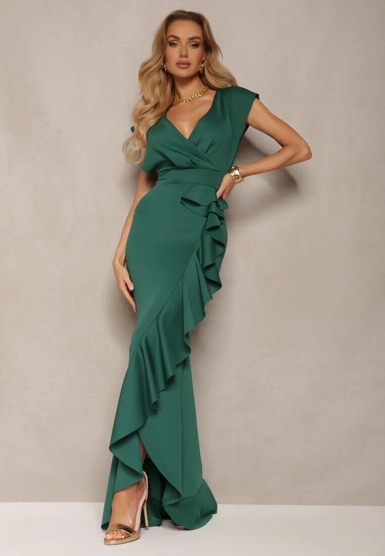 messaya Rochie lungă elegantă verde cu croi asimetric și decolteu în V cu volane Efimea
