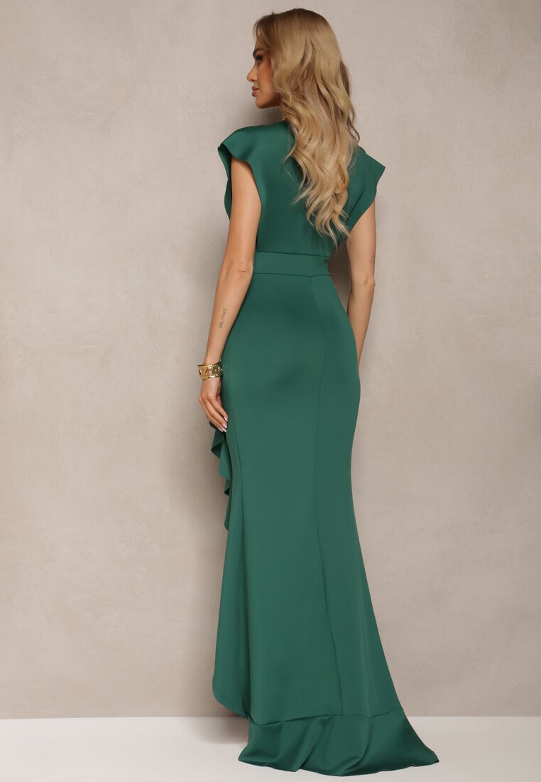 messaya Rochie lungă elegantă verde cu croi asimetric și decolteu în V cu volane Efimea
