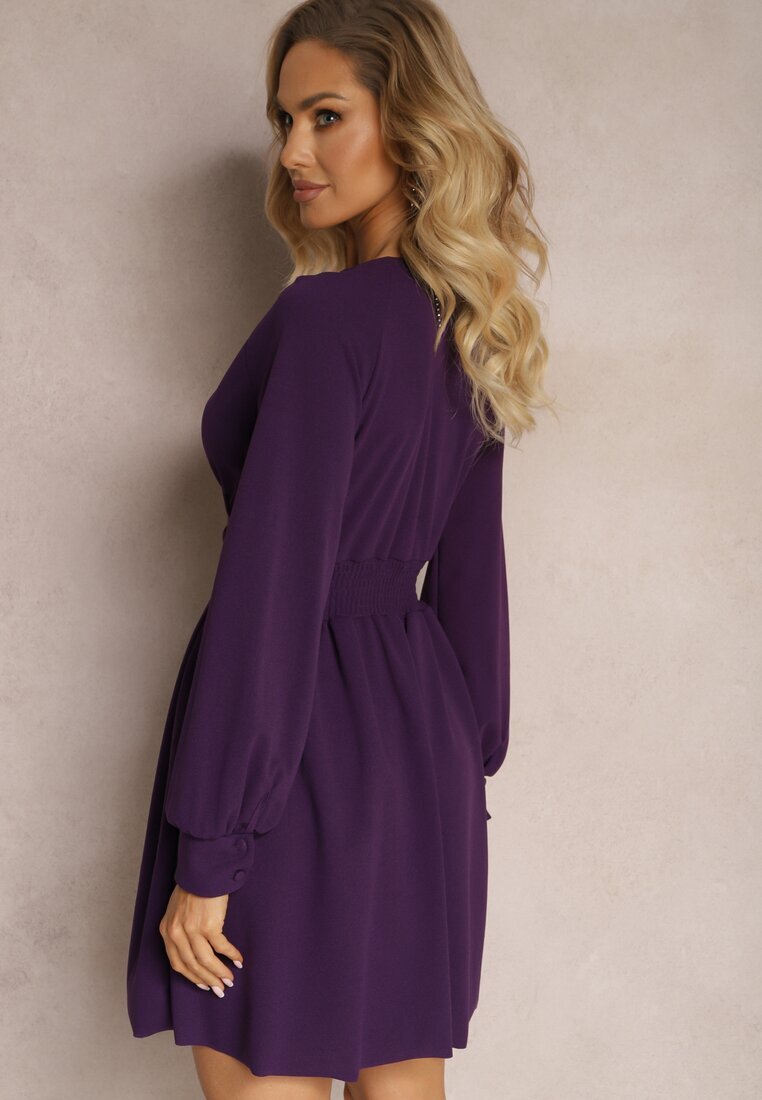 messaya Rochie Mini Violet cu Decolteu Triunghiular și Talie încrețită Decorată cu nasturi Bulwina