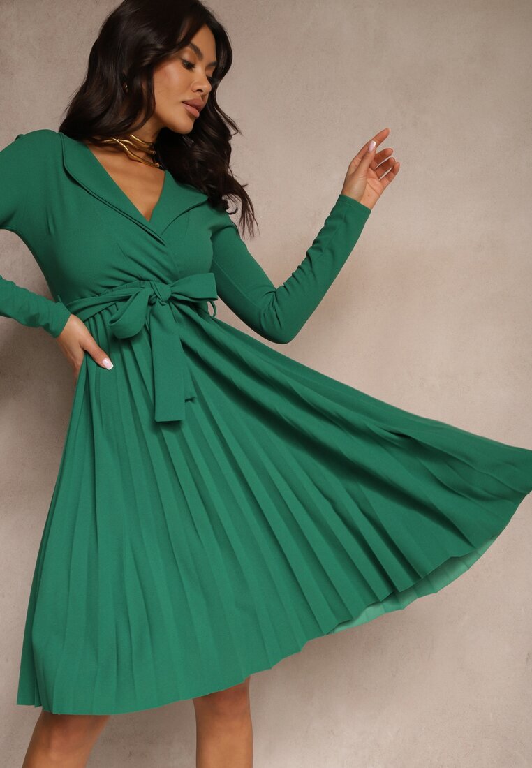 messaya Rochie Plisată Midi Verde cu Decolteu petrecut și Curea din material în talie Keviana