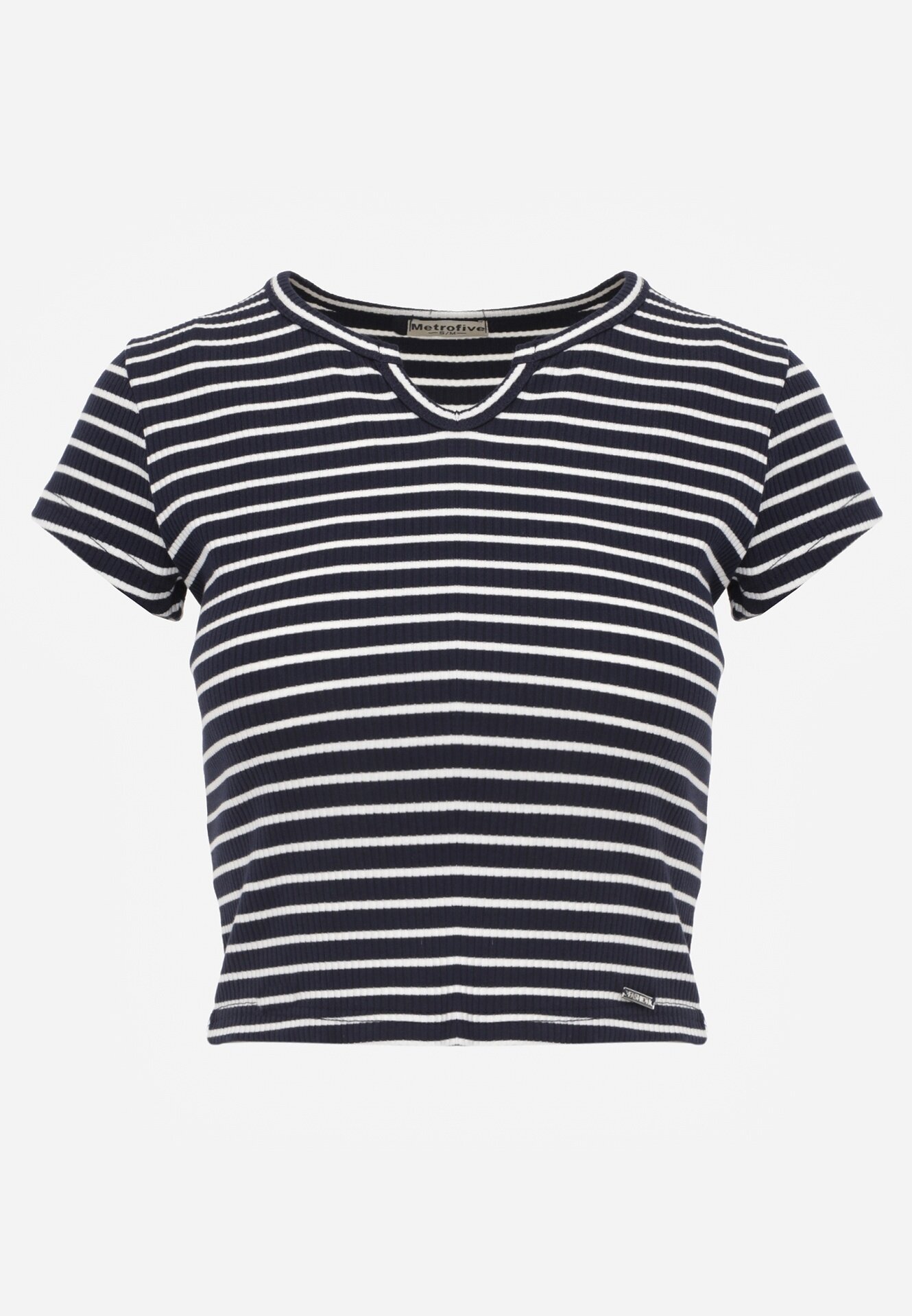 metro five Crop top din bumbac din tricot cu dungi decorat cu decupaj Ionilla Bleumarin