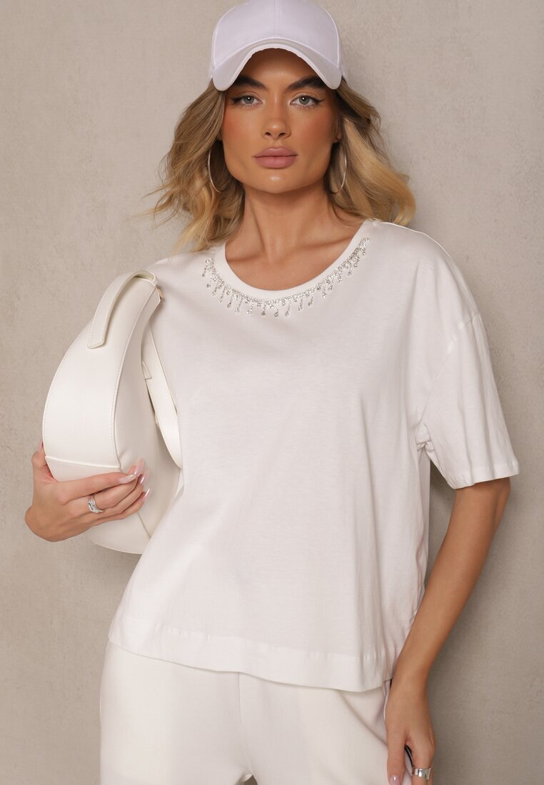 metro five Tricou alb din Bumbac cu Zirconii Fadeola
