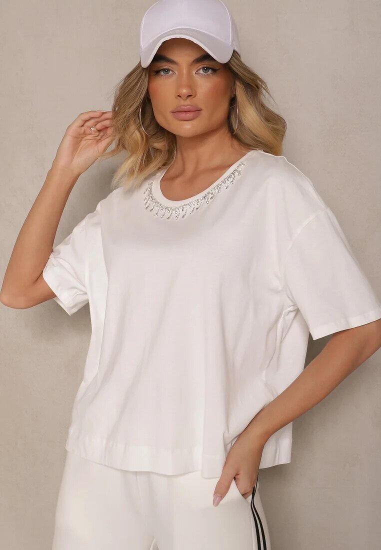metro five Tricou alb din Bumbac cu Zirconii Fadeola