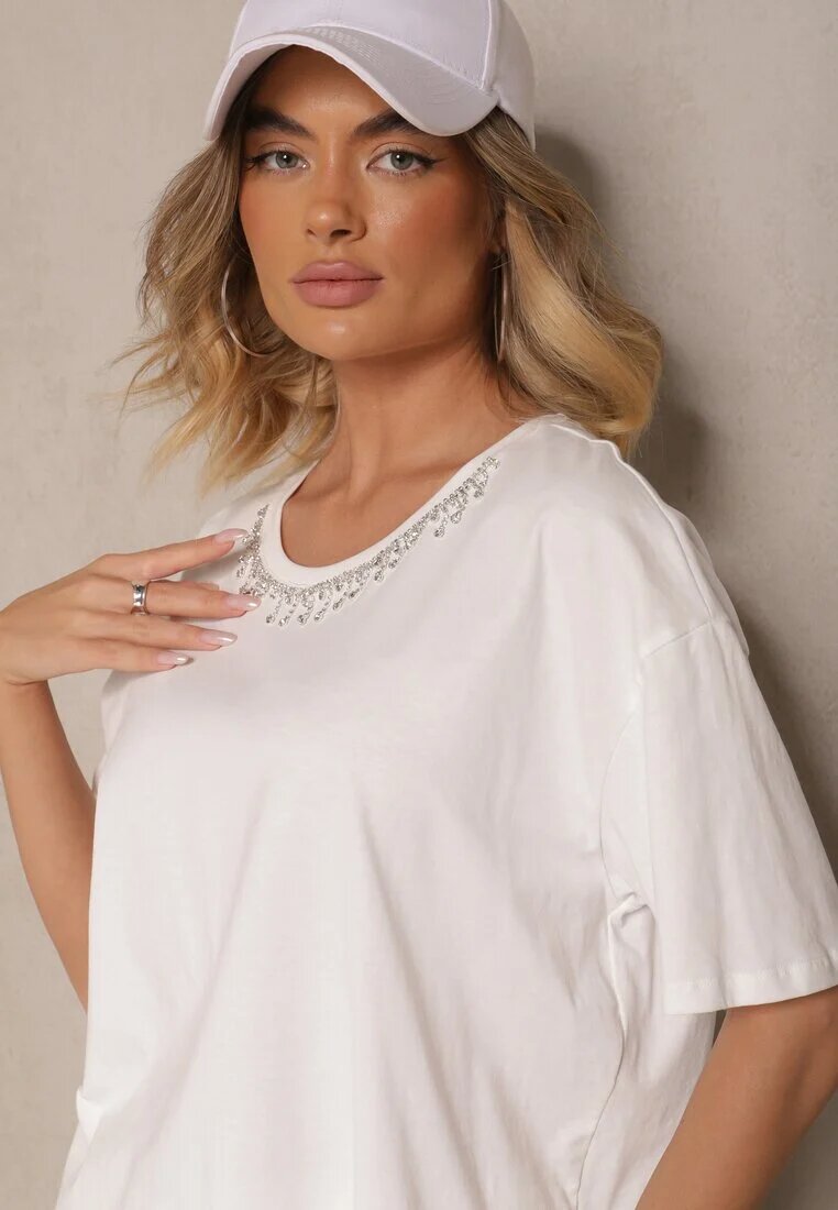metro five Tricou alb din Bumbac cu Zirconii Fadeola