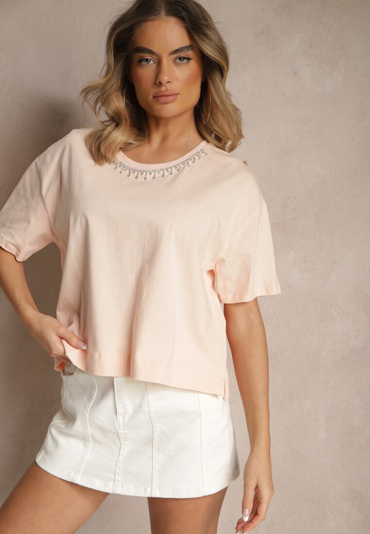 metro five Tricou Bej din Bumbac cu Zirconii Fadeola
