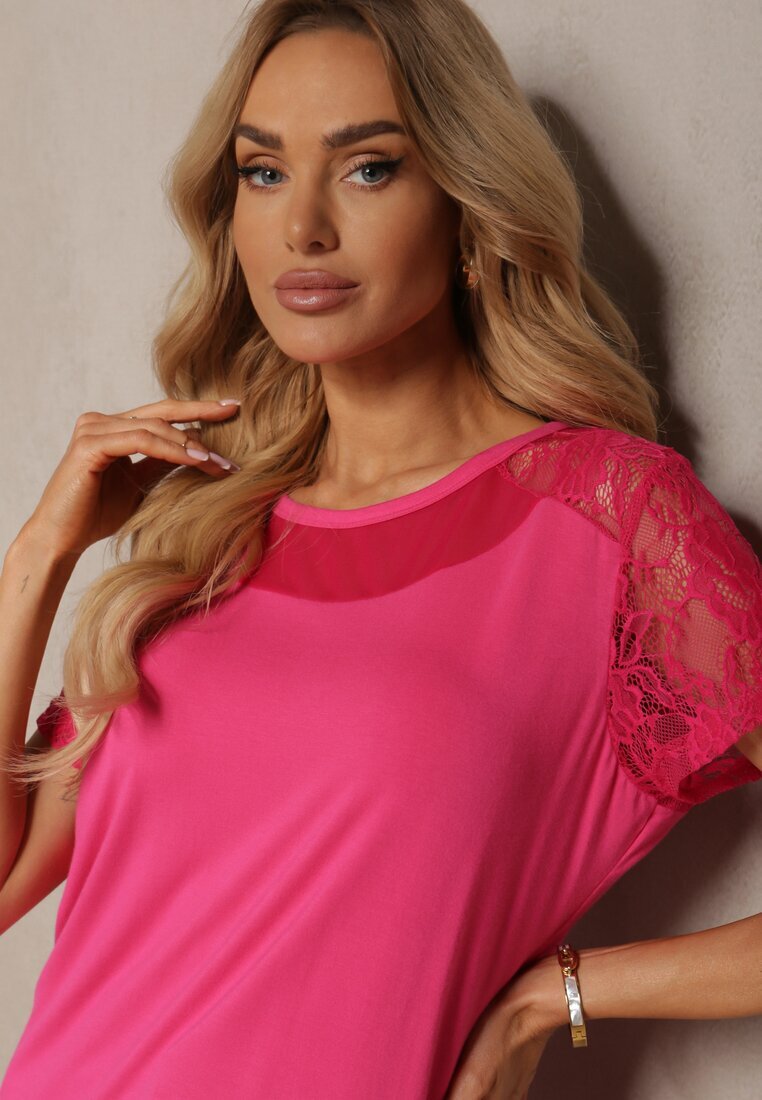 metro five Tricou cu mânecă scurtă din viscoză roz și dantelă Liada
