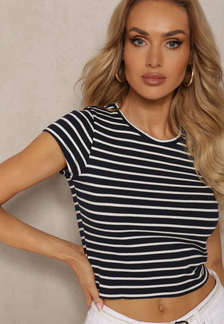 metro five Tricou cu nervuri Bleumarin din Bumbac cu Croială Scurtă Zolira