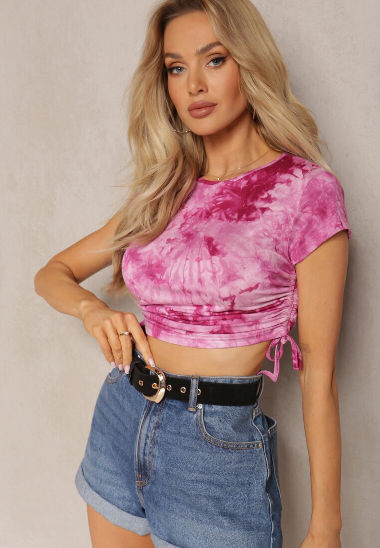 metro five Tricou Fucsia Viscoză cu Model Tie-Dye cu Legături Laterale Iriandella