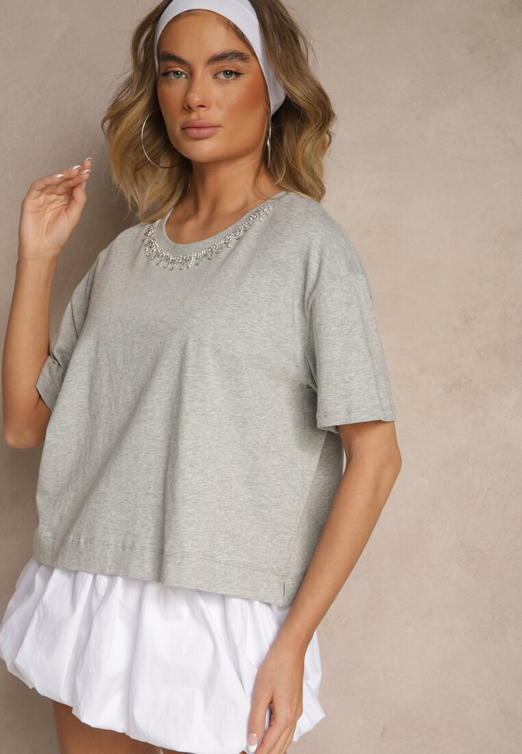 metro five Tricou Gri din Bumbac cu Zirconii Fadeola
